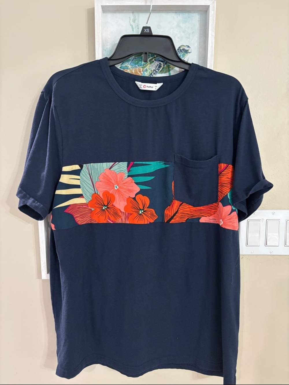 PatPat Navy Tee with Red Floral Chest Panel and pocket